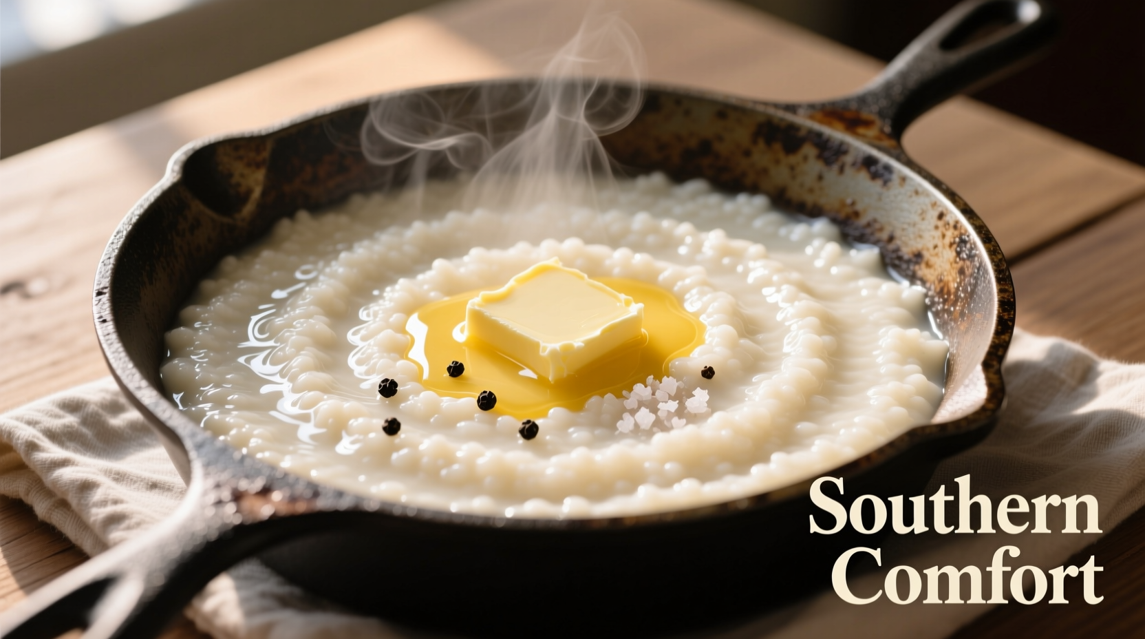 Creamy white grits in cast iron skillet with butter melting