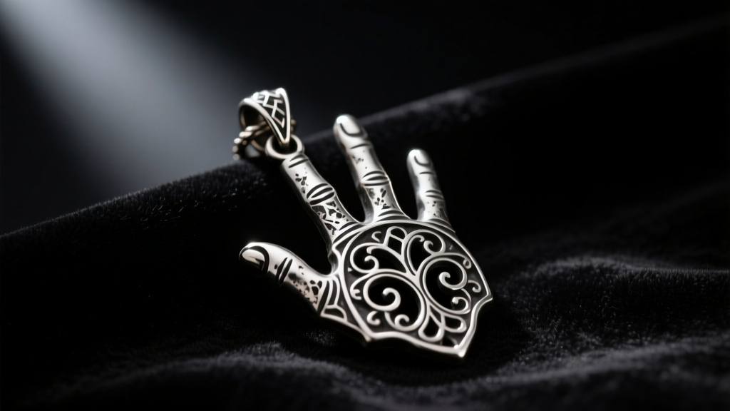 Macro shot of a gothic five finger necklace pendant in oxidized silver resting on black velvet under moody, dramatic studio lighting