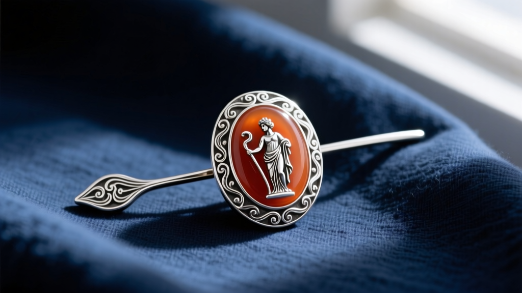 Close-up of a heavy 925 sterling silver Roman fibula brooch with a carved carnelian intaglio resting on dark draped linen fabric.