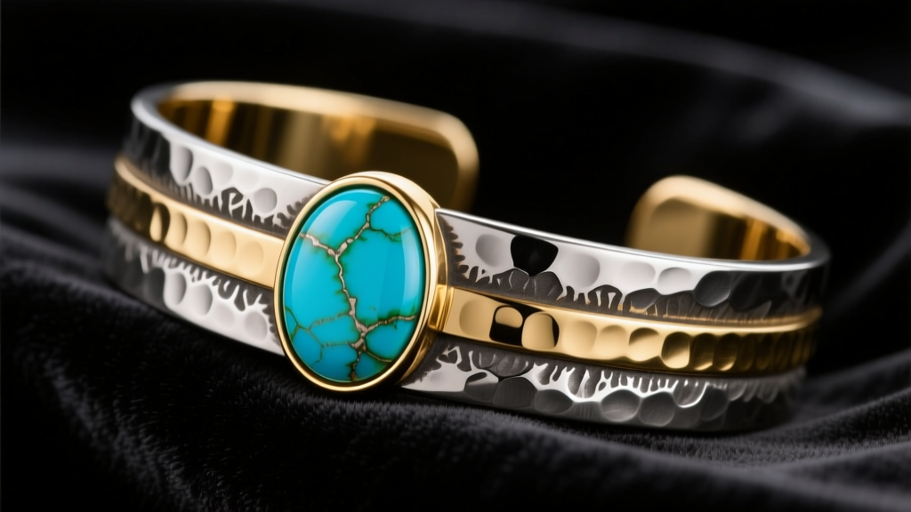Close-up of a hand-hammered 14k gold and oxidized silver cuff bracelet with a large bezel-set turquoise cabochon on dark velvet.
