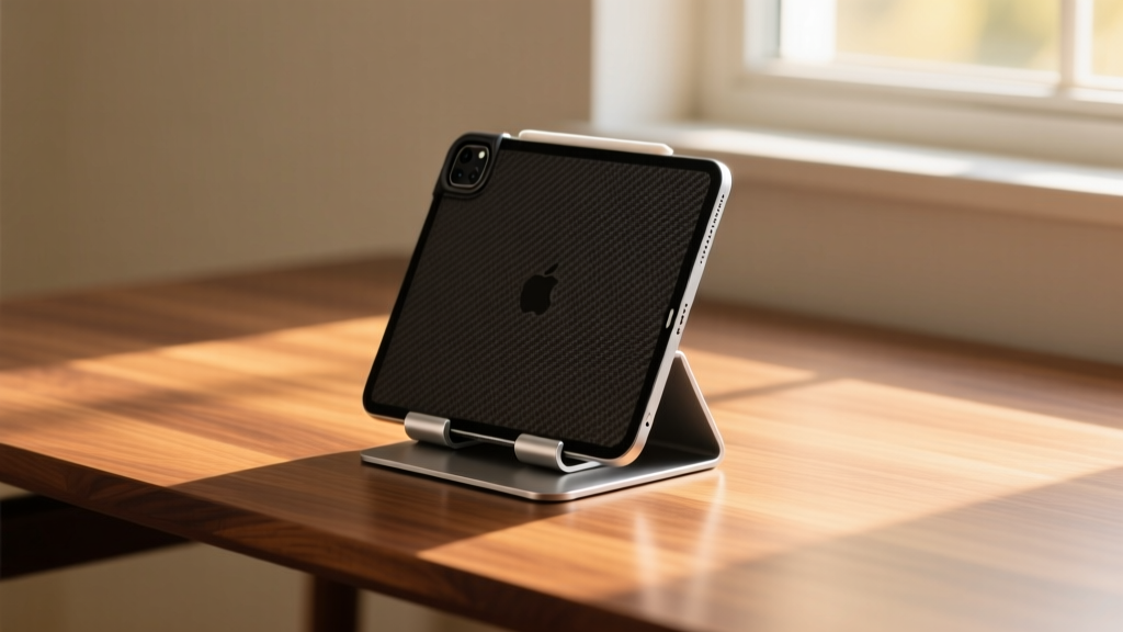 A minimalist wooden desk featuring an iPad Pro in a dark aramid fiber case and a folded aluminum stand, bathed in warm morning sunlight.