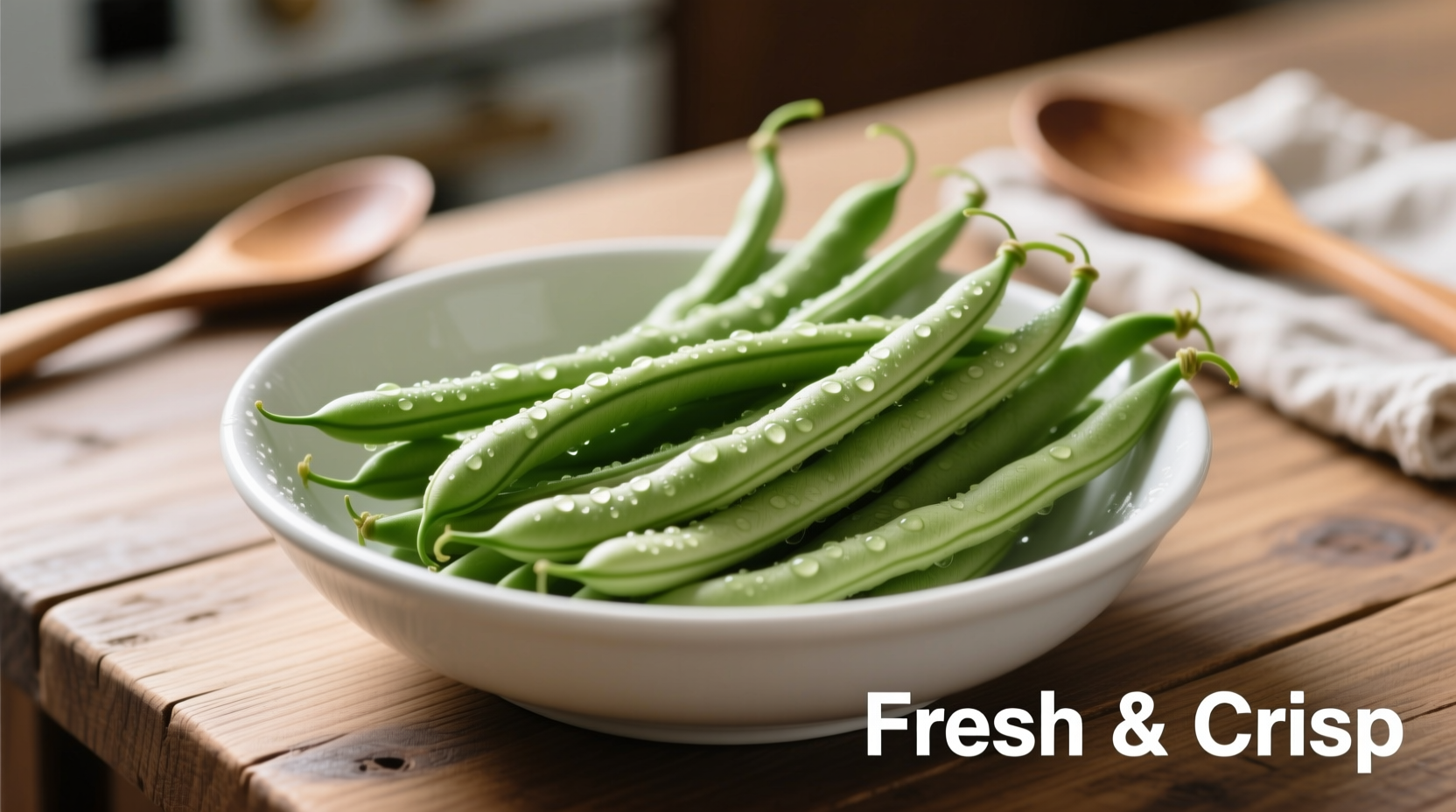 Knackige frische Stangenbohnen in weiÃŸer SchÃ¼ssel