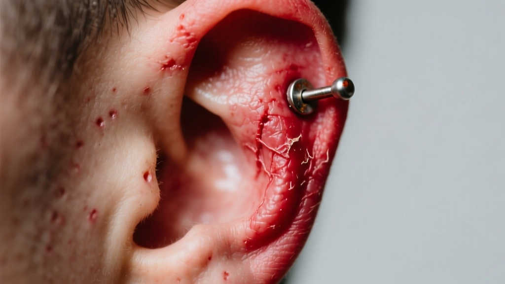 Close-up of a red, irritated earlobe wearing a cheap metal stud, with soft clinical lighting highlighting the skin inflammation.