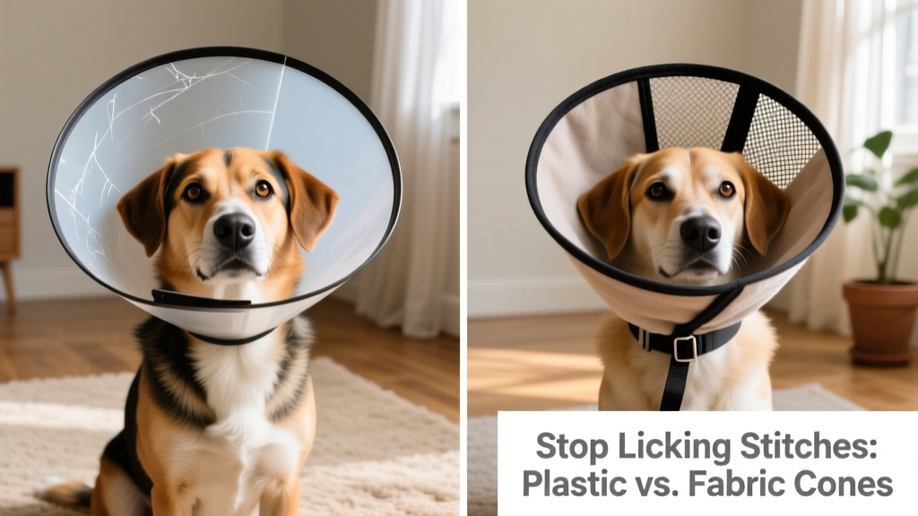 Side-by-side comparison: a dog wearing a traditional plastic cone versus a soft fabric alternative