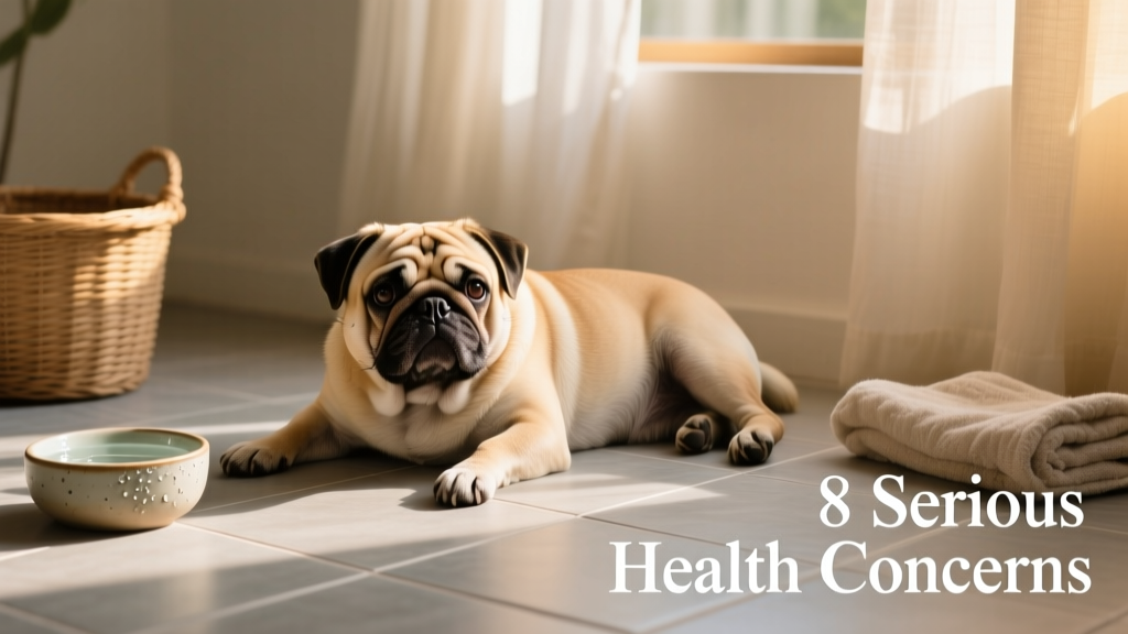 Brachycephalic dog resting in shaded, cool indoor space with water bowl nearby