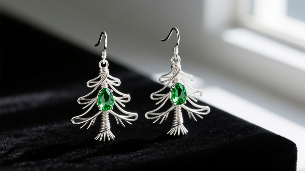 Close-up of handmade sterling silver wire-wrapped earrings shaped like pine trees with green peridot beads resting on dark velvet