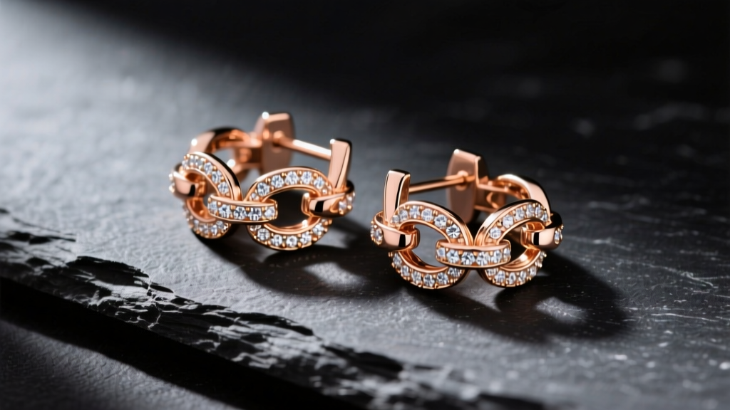 Close-up of 18k rose gold Pomellato Iconica earrings on dark slate, highlighting sculptural links and diamond pavé.
