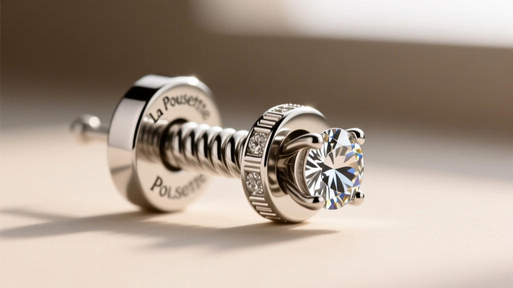 Macro shot of a platinum La Pousette locking earring back on a diamond stud, focusing on the spring mechanism and metal grooves.