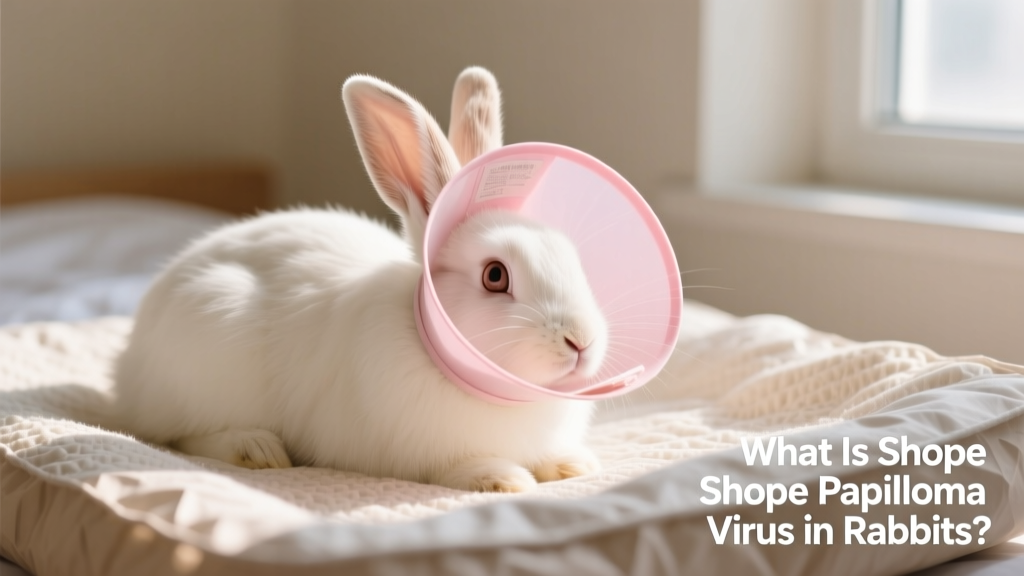 Rabbit wearing a soft, pink recovery cone while resting on clean paper-based bedding