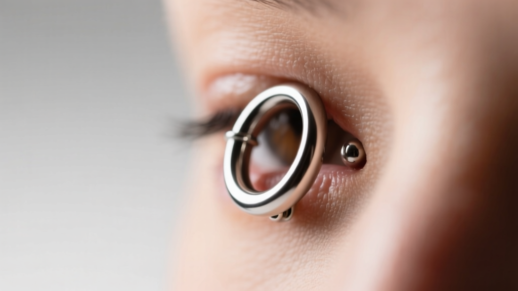 Macro shot of a fresh daith piercing featuring a plain titanium captive bead ring illuminated by soft studio lighting.
