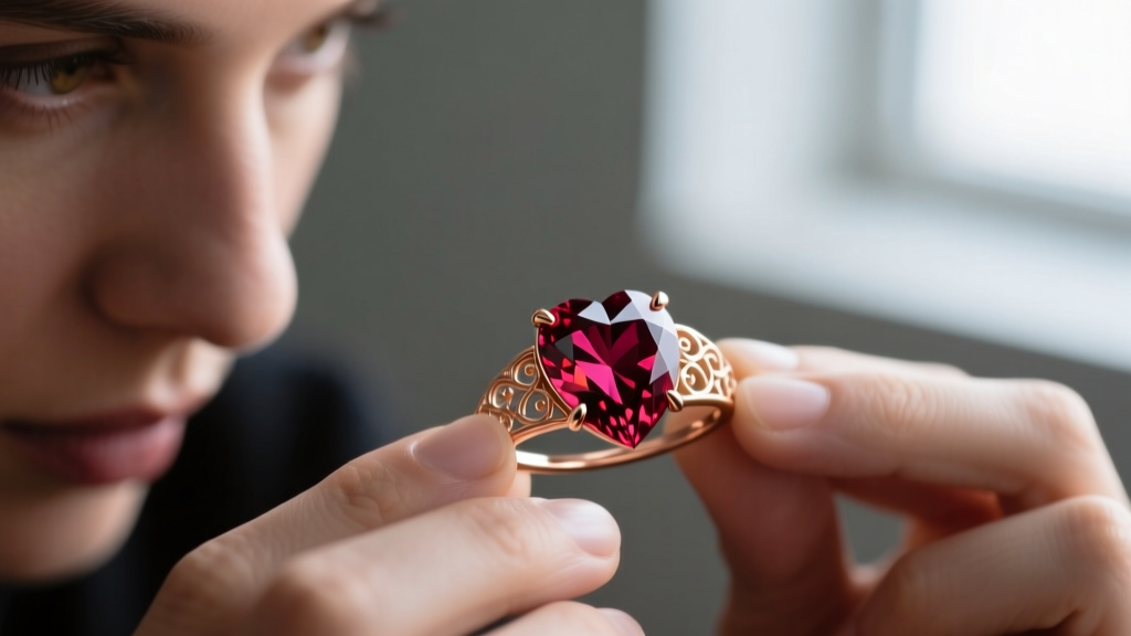 Jeweler inspecting the cleft and prong placement on a heart-cut ruby in 14k rose gold, highlighting detailed metalwork and facets
