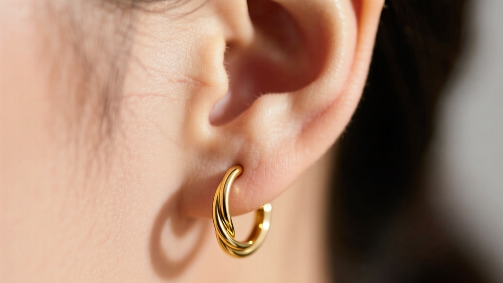 Close-up of an earlobe wearing a 20g continuous circular gold vermeil hoop highlighting the subtle twist closure and smooth skin fit