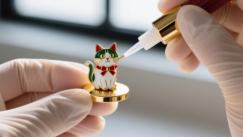 Hands in nitrile gloves applying two-part epoxy to a gold earring post pad before attaching a small enameled christmas cat charm