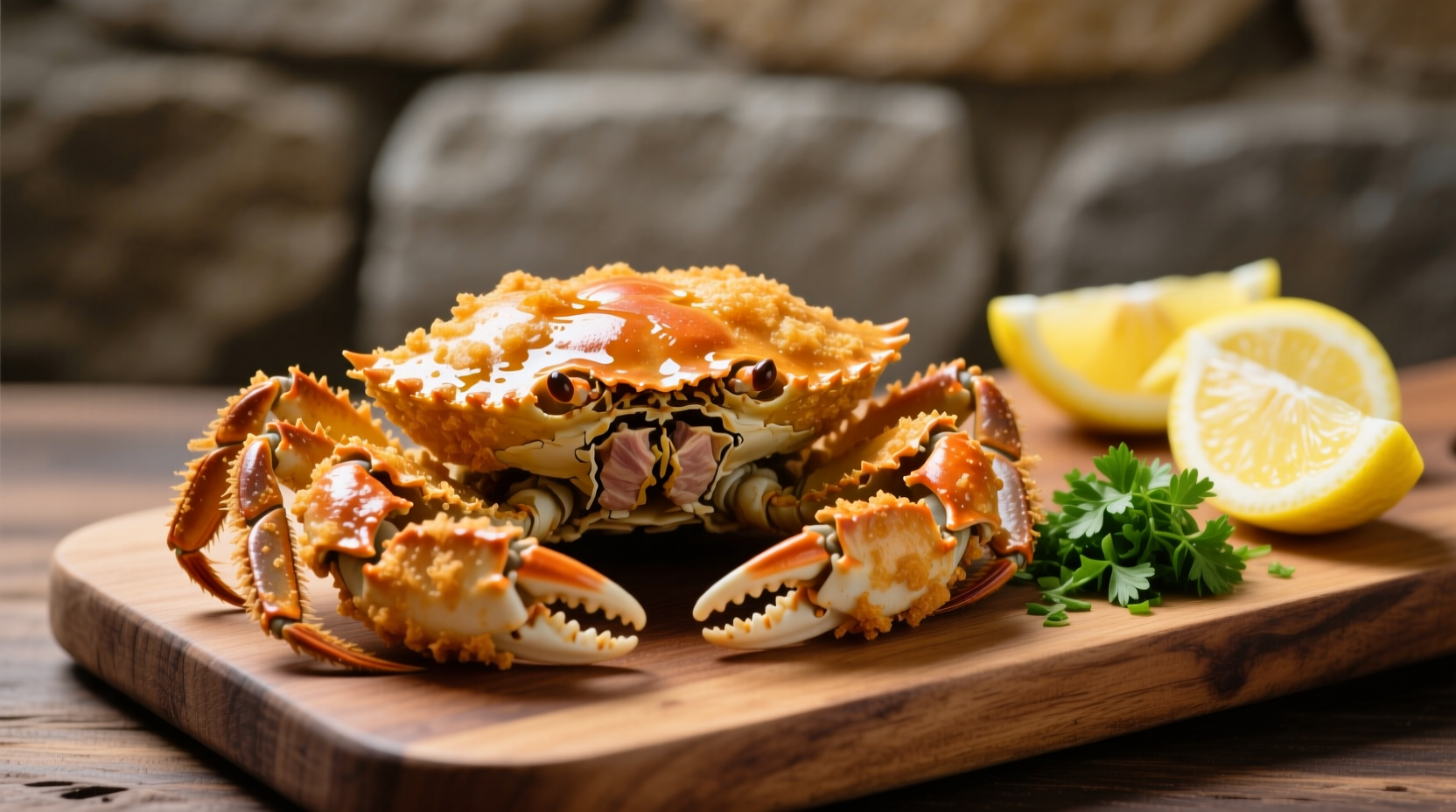 Crispy fried soft shell crab with lemon wedges and parsley
