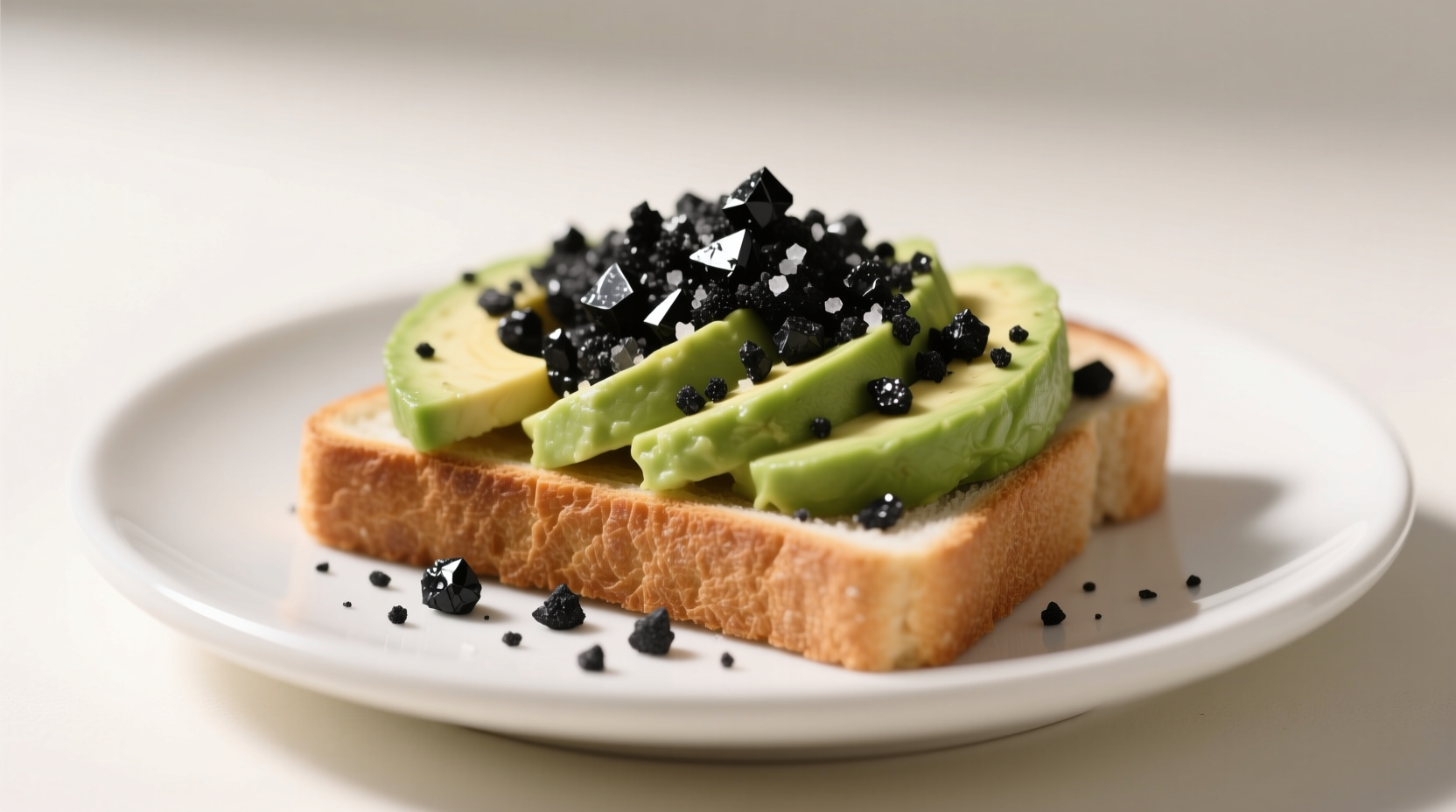 Avocado toast finished with black lava sea salt showing visual contrast