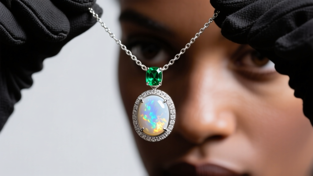 Macro photography of a jeweler examining a bezel-set Ethiopian white opal and emerald pendant on a delicate platinum chain link.