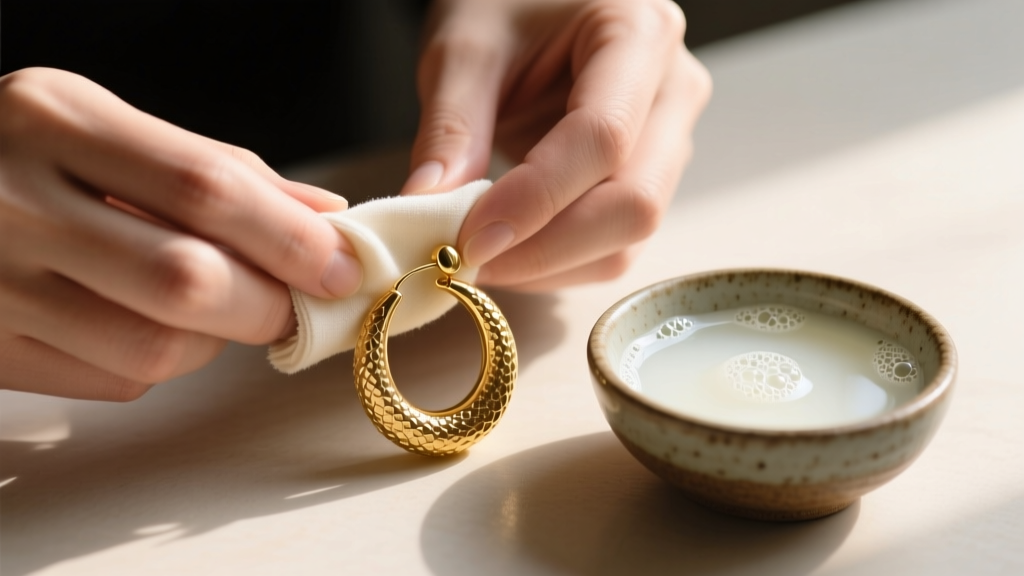 Hands using a microfiber cloth to polish a textured gold retro hoop earring, next to a small ceramic bowl of mild soapy water