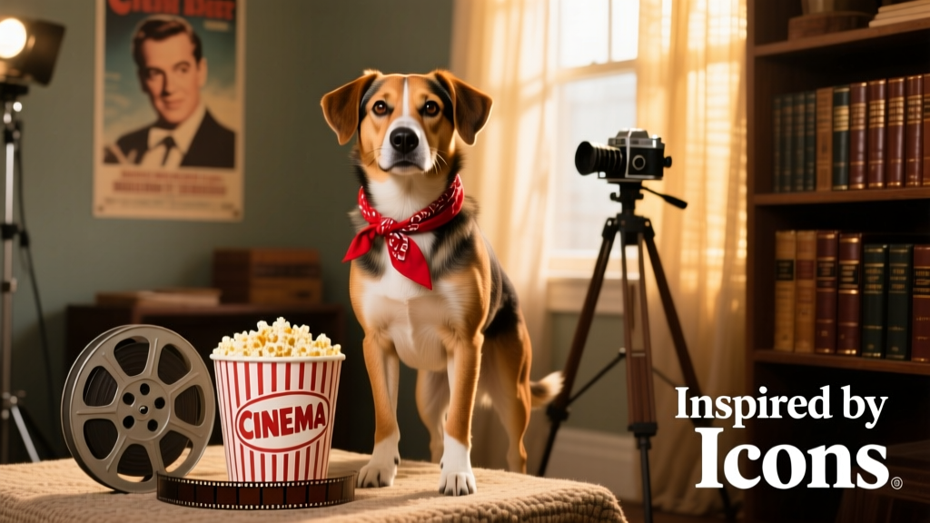 A confident mixed-breed dog wearing a small red bandana, standing beside a vintage film reel and popcorn bucket