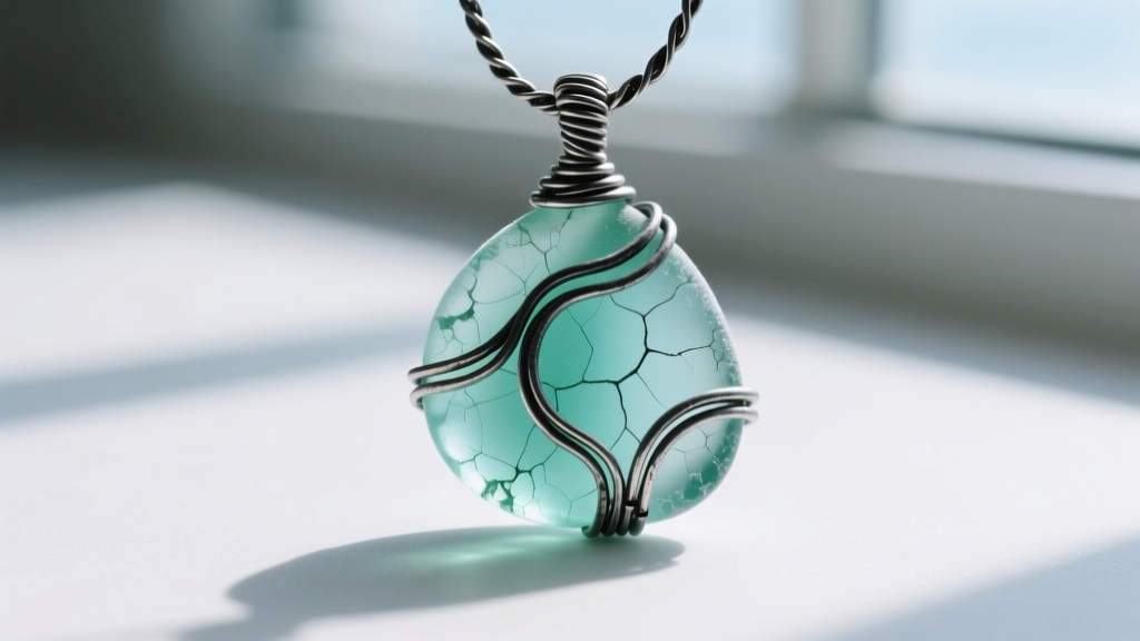 Macro shot of a frosted sea glass pendant wrapped in oxidized silver wire, highlighting C-shaped stress marks on the glass surface