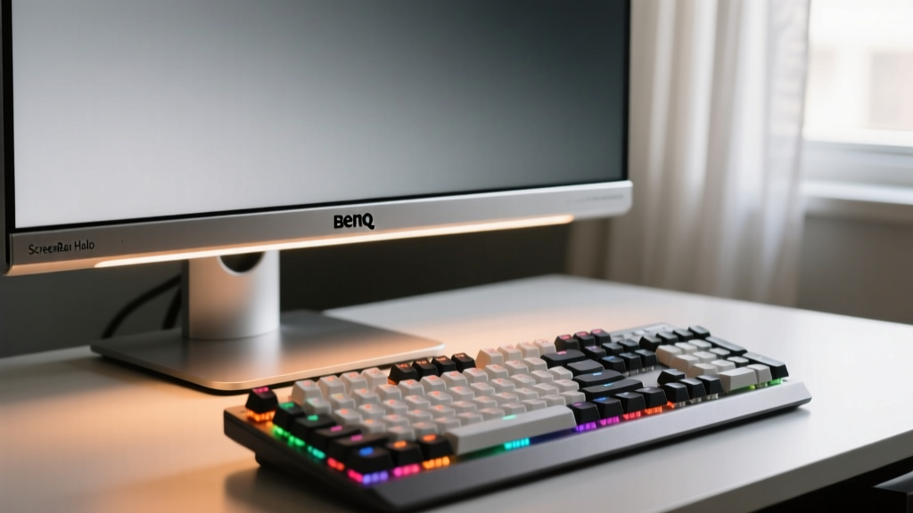 Close-up of BenQ ScreenBar Halo mounted on a curved ultrawide monitor illuminating a mechanical keyboard without casting glare on the display