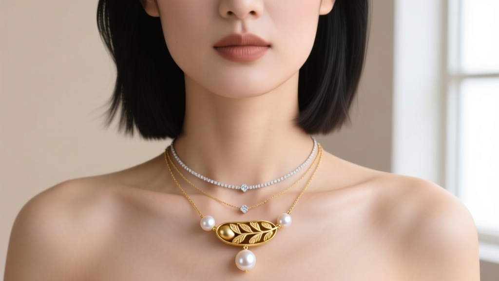 Woman wearing a layered stack with a 16-inch 14k gold pea pod pendant and two pearls, paired with a simple diamond solitaire chain