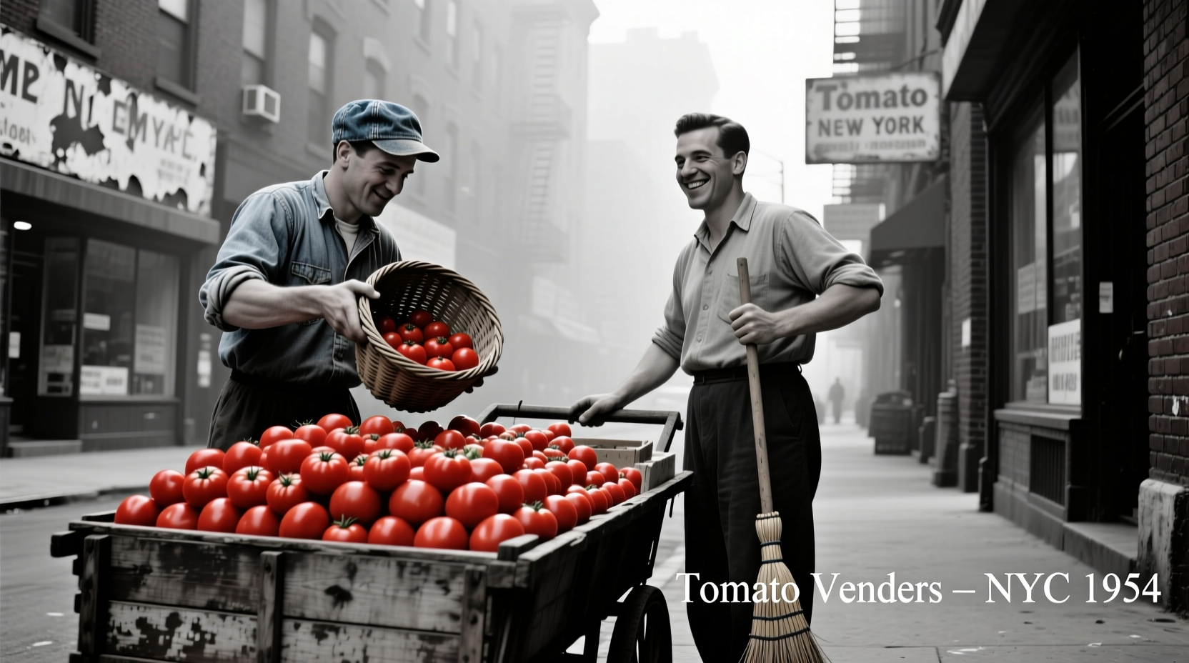 Historic black and white photo of tomato vendors in New York City