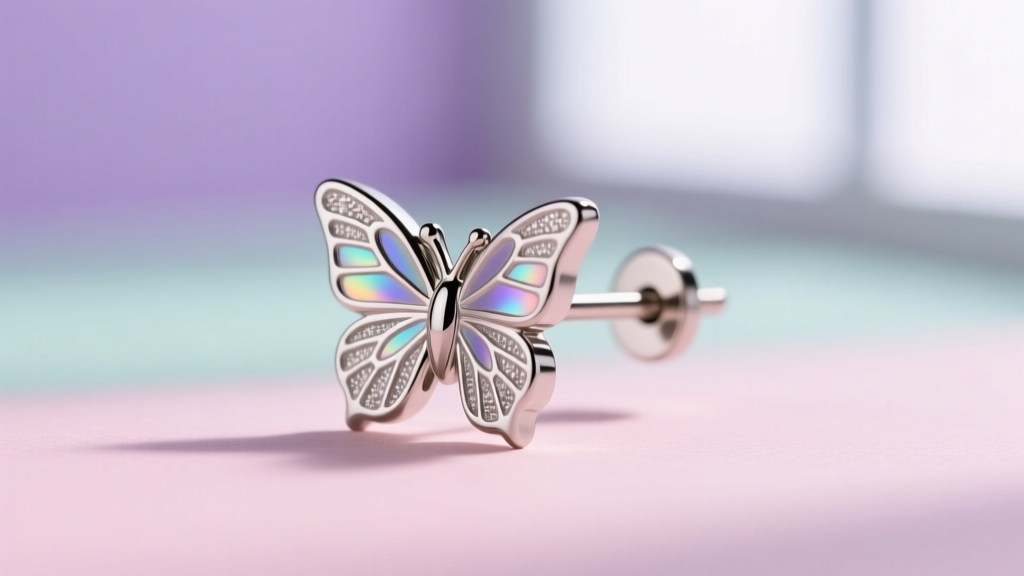 Macro shot of ASTM F-136 titanium 18-gauge x earring post with butterfly backing against a softly blurred pastel background.