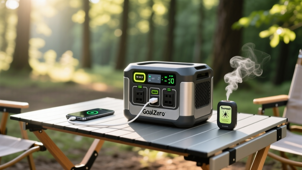Close-up of a Goal Zero Yeti 500X portable power station charging a smartphone and a Thermacell mosquito repeller on a folding camp table
