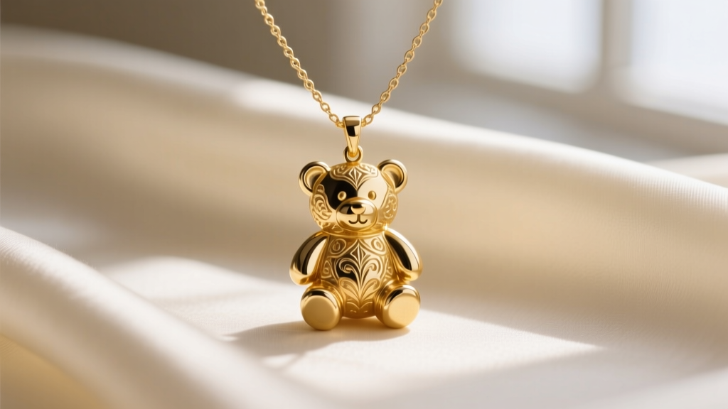 Close-up of a polished 14k solid gold teddy bear pendant resting on a delicate cable chain against a cream silk fabric background.