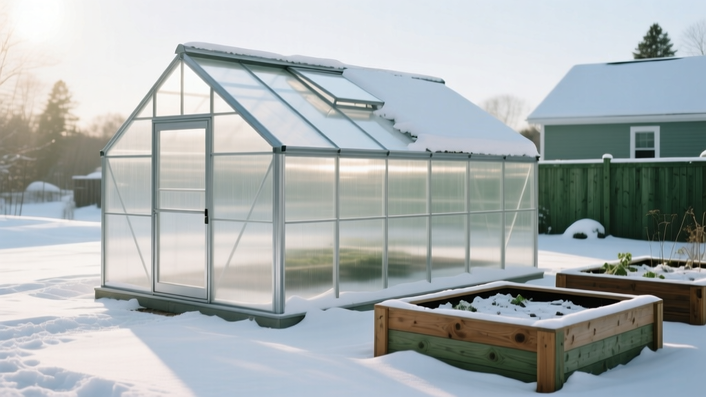 Freestanding twin-wall polycarbonate greenhouse with reinforced aluminum framing in a snowy New England backyard next to cedar raised beds
