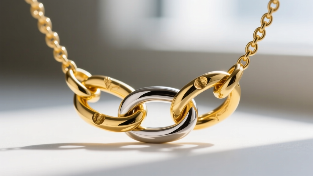 Macro shot of a 14k gold vermeil chain link from a Sophie Baek necklace, showing the rich yellow gold finish over a silver base.