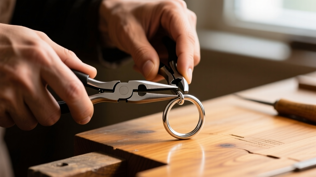 Close-up of jeweler hands using two flat-nose pliers to twist open a 16-gauge sterling silver jump ring on a wooden workbench