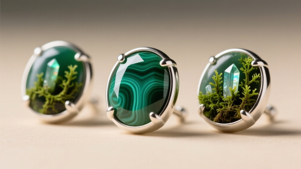 Macro shot of raw moss agate studs in recycled sterling silver bezels, highlighting the vivid green dendritic inclusions clearly.