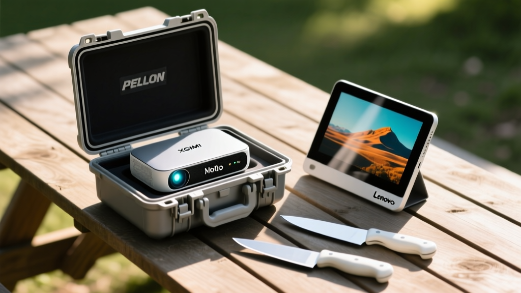 Weatherproof aluminum pelican case open on a wooden picnic table revealing an XGIMI MoGo projector, a Lenovo portable monitor, and ceramic paring knives