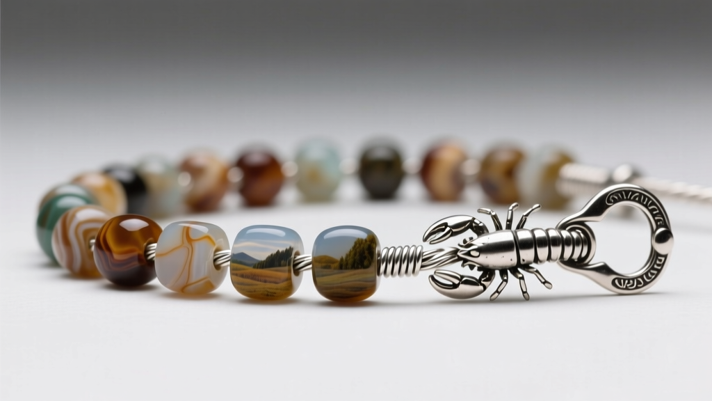 Detailed view of 8mm picture jasper beads strung on 49-strand steel wire, passing through a sterling silver lobster clasp.