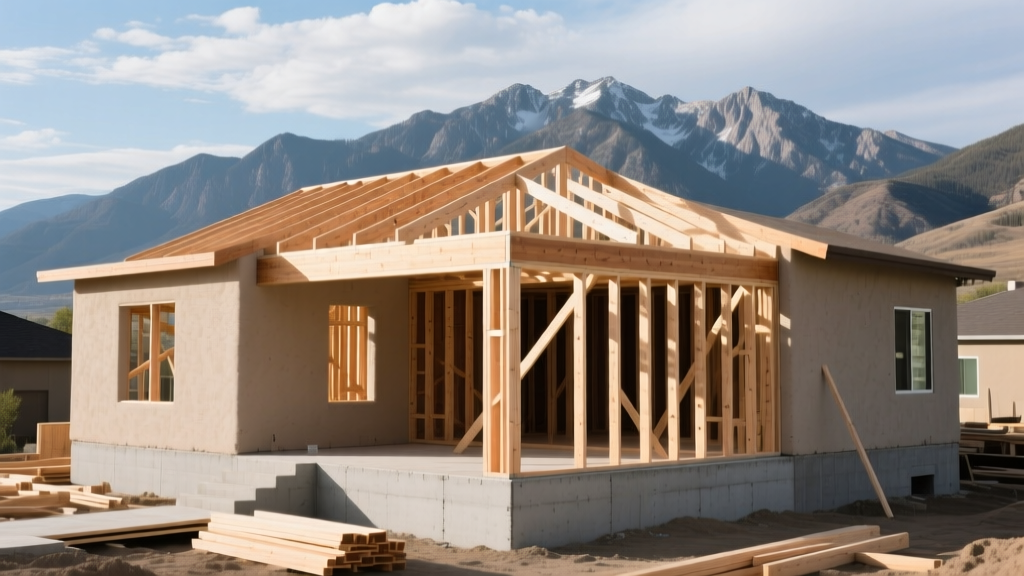 Stucco home under construction in Salt Lake City showing exposed wood framing, concrete foundation, and Wasatch mountains in the background