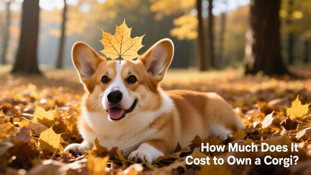 a corgi lying in a pile of dead leaves panting with a leaf on its head