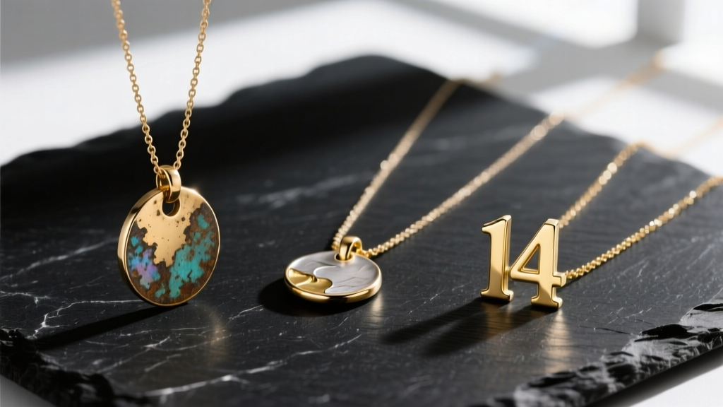 Three small initial necklaces on dark slate: one tarnished brass, one faded vermeil, and one bright solid 14k gold for comparison.