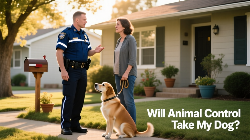 A calm, professional animal control officer speaking respectfully with a pet parent outside their home