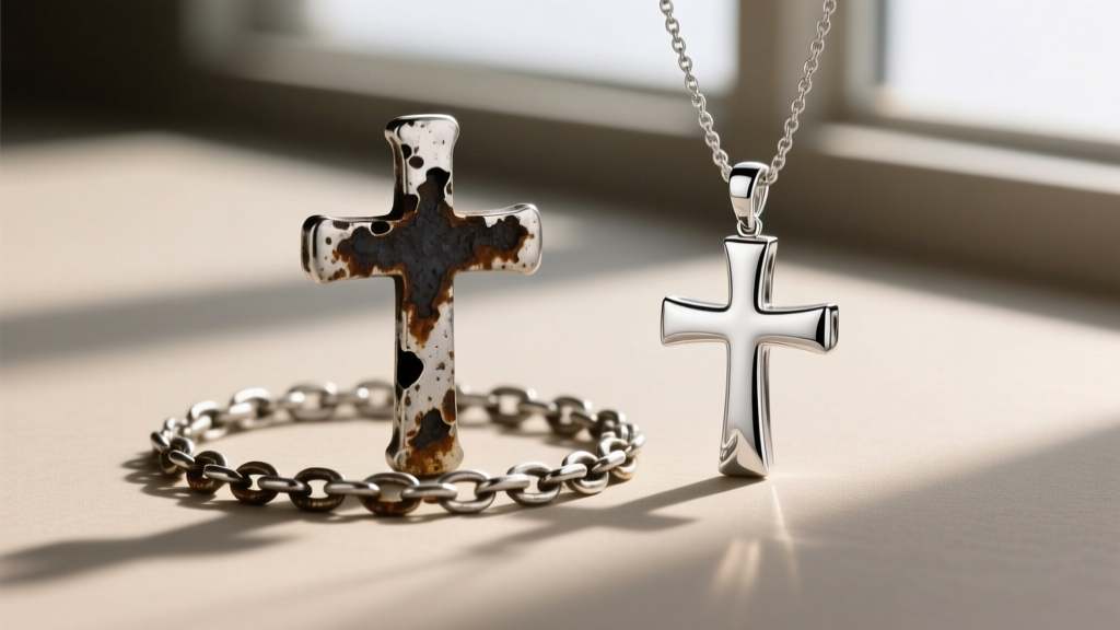Comparison of a tarnished sterling silver cross chain next to a pristine platinum cross pendant, highlighting severe oxidation.