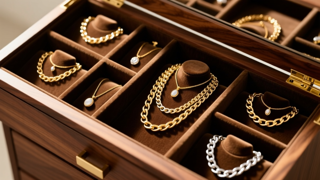 Top-down view of a walnut jewelry armoire with velvet slots holding untangled gold and silver chain necklaces in warm light