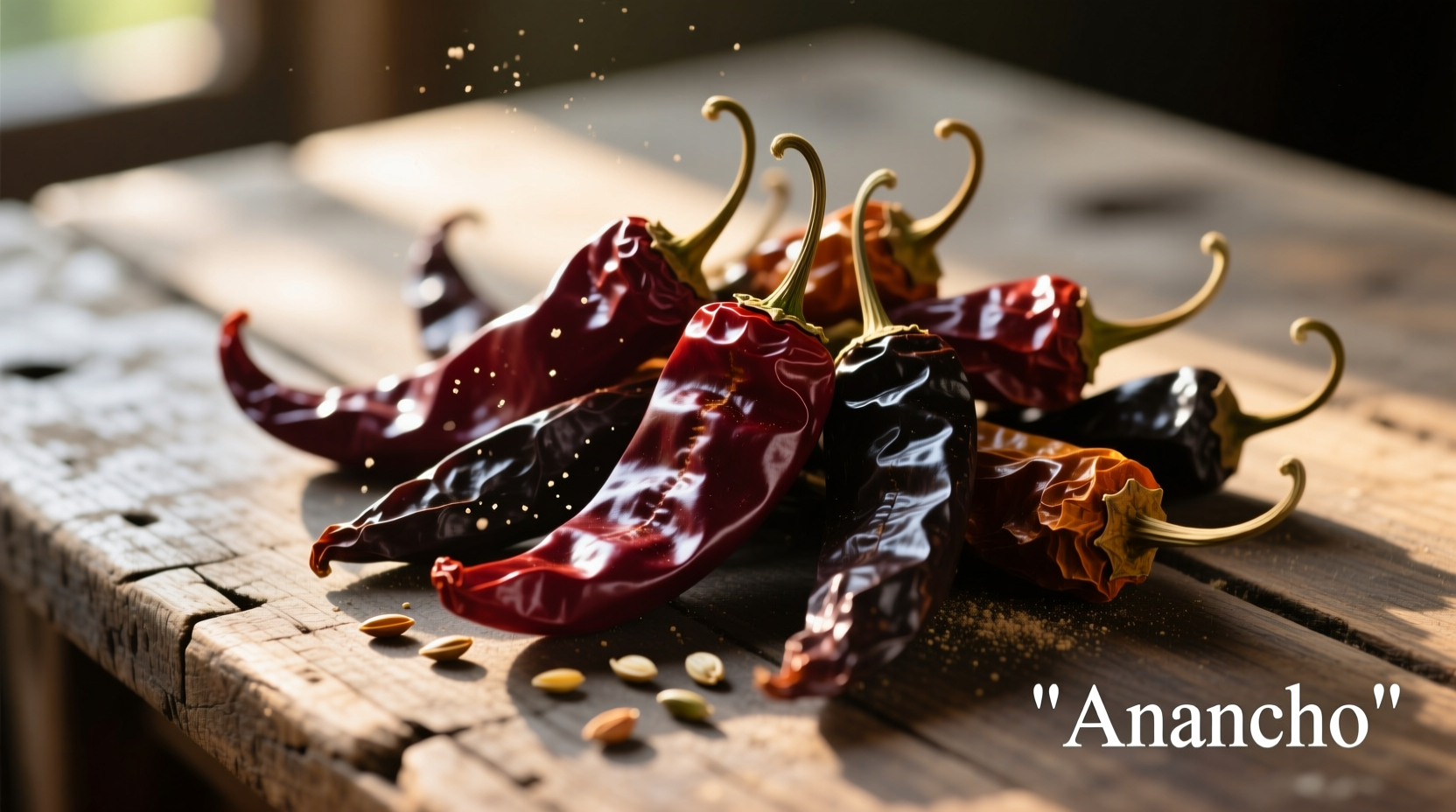 Chiles ancho secos en tabla de madera con ejemplos enteros y molidos