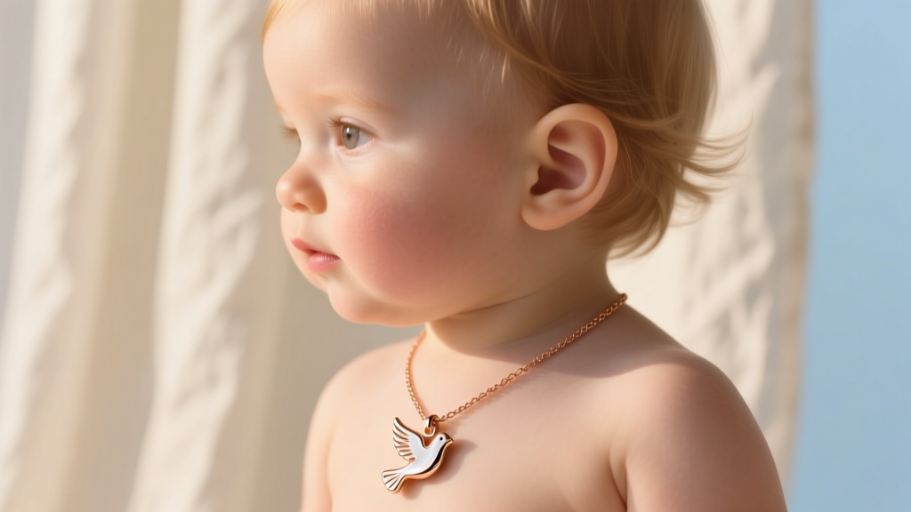 Toddler wearing a 14k rose gold baptism necklace with a tiny enamel dove pendant, shown in side profile under soft, warm lighting