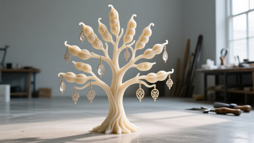 Close-up of a raw wax tree with multiple pea pod pendant molds before the investment casting process in a jewelry workshop.