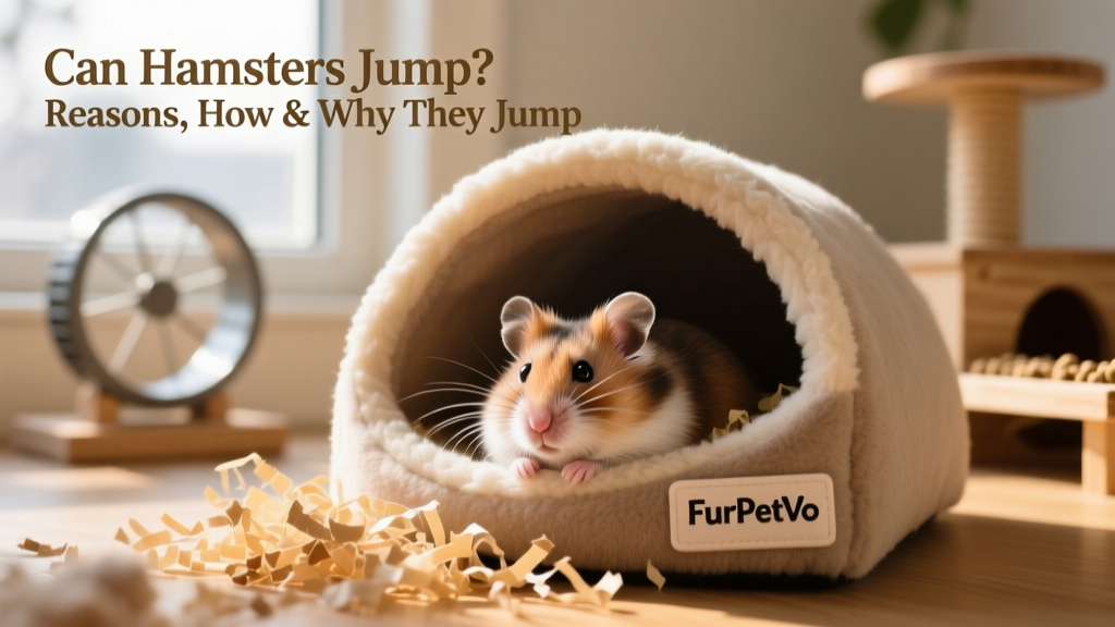 A calm, relaxed hamster nestled in a FurPetVo-designed fleece-lined hideout with shredded paper bedding nearby