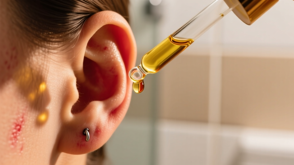 Glass dropper applying pure jojoba oil to a swollen earlobe piercing, warm ambient bathroom lighting, high-detail skin texture