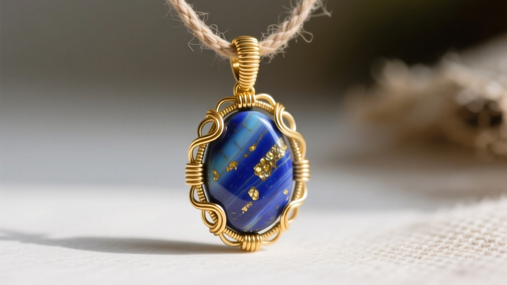 Macro shot of a 14k gold-filled wire-wrapped raw lapis lazuli pendant on 1.5mm hemp cord, highlighting intricate weaving