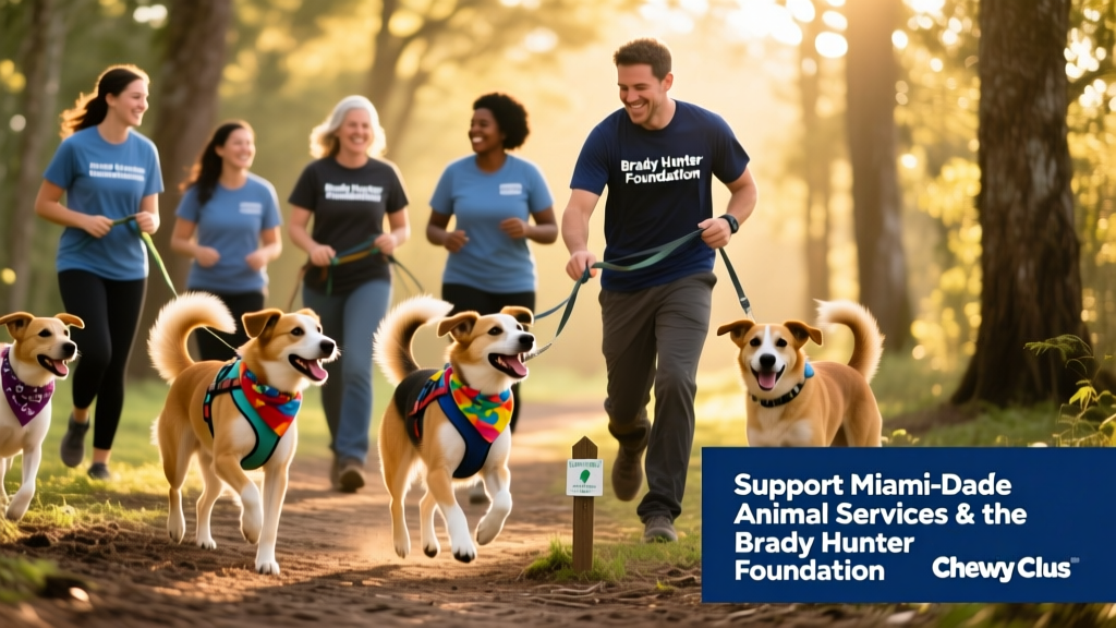 Brady Hunter Foundation volunteers leading an outdoor enrichment activity with shelter dogs on a sunny trail