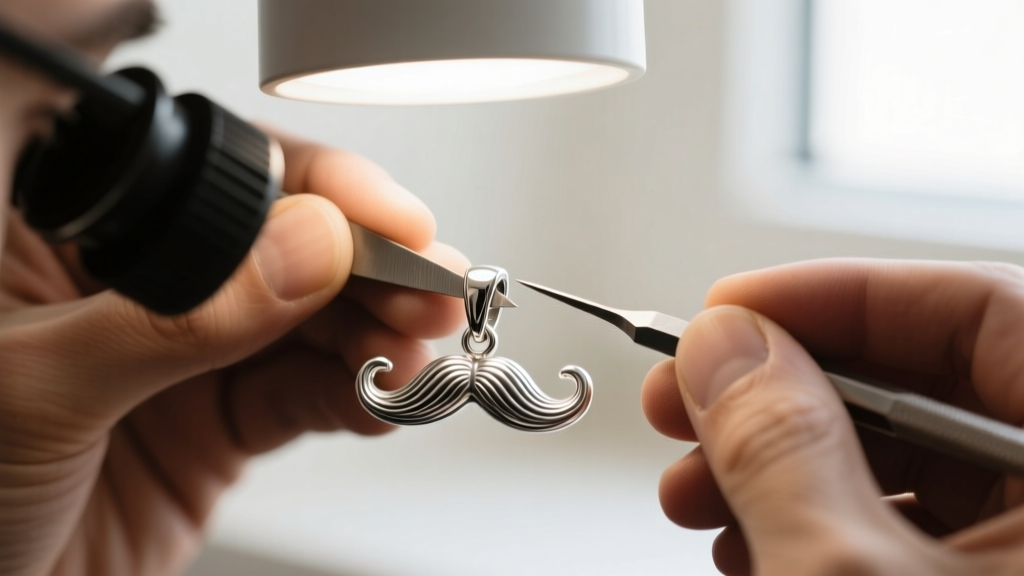 Jeweler filing the sharp bail of a sterling silver walrus moustache pendant under a bright magnifying lamp to prevent chain wear.