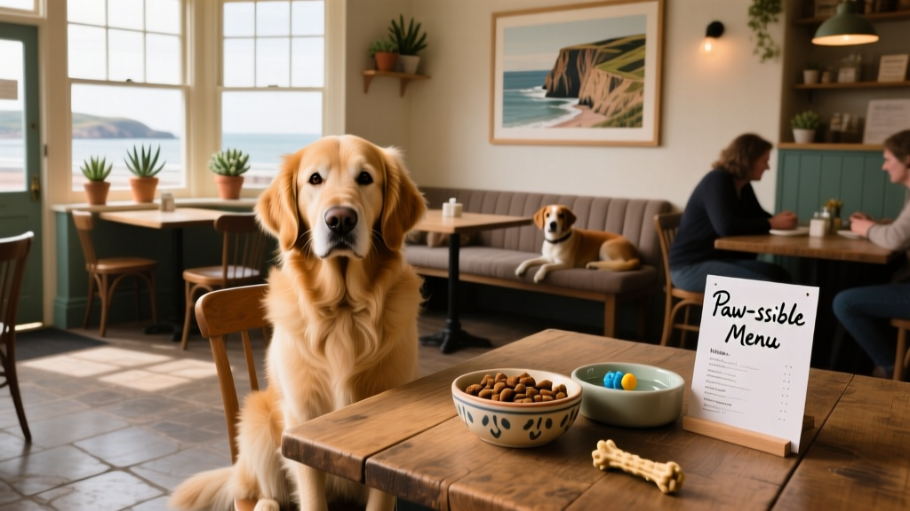 A dog sits beside a table in a dog-friendly restaurant.